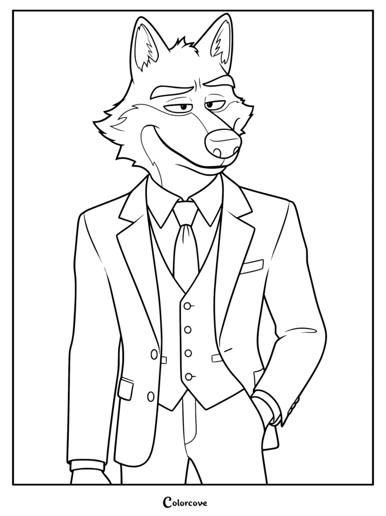 Una página para colorear imprimible con el Sr. Lobo de Los Tipos Malos vistiendo un elegante traje de tres piezas, corbata y chaleco con una sonrisa segura.