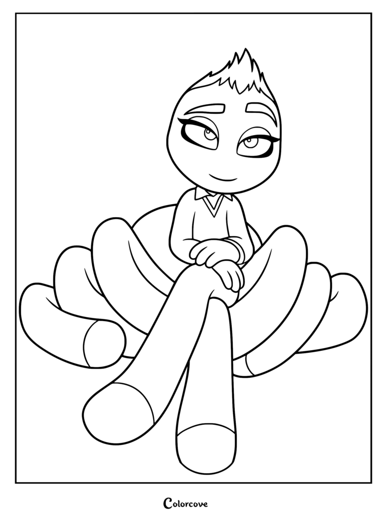 Sra. Tarántula de Los Tipos Malos sentada tranquilamente con sus múltiples patas curvadas a su alrededor en esta página para colorear imprimible.