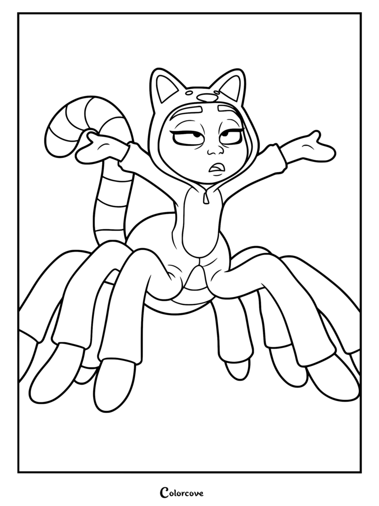 Sra. Tarántula con un pijama de gato de una pieza con cola a rayas, encogiéndose de hombros con los brazos extendidos en esta página para colorear imprimible.