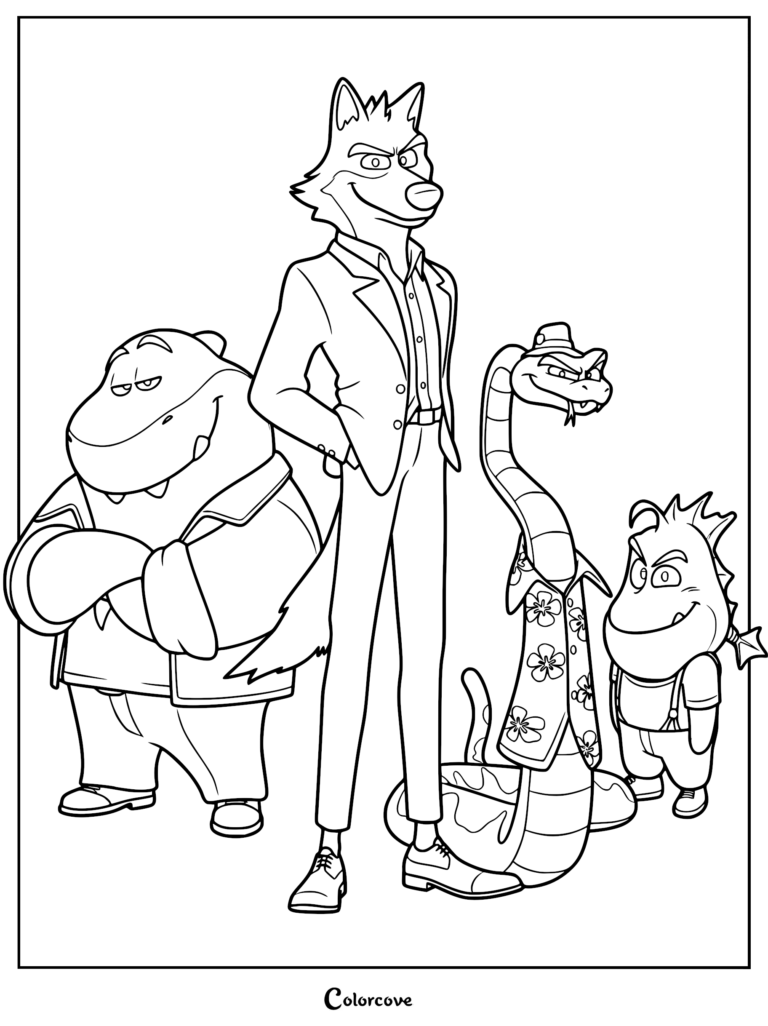 Una página para colorear imprimible con el Sr. Lobo, el Sr. Serpiente, el Sr. Tiburón y el Sr. Piraña de pie juntos en una pose grupal.