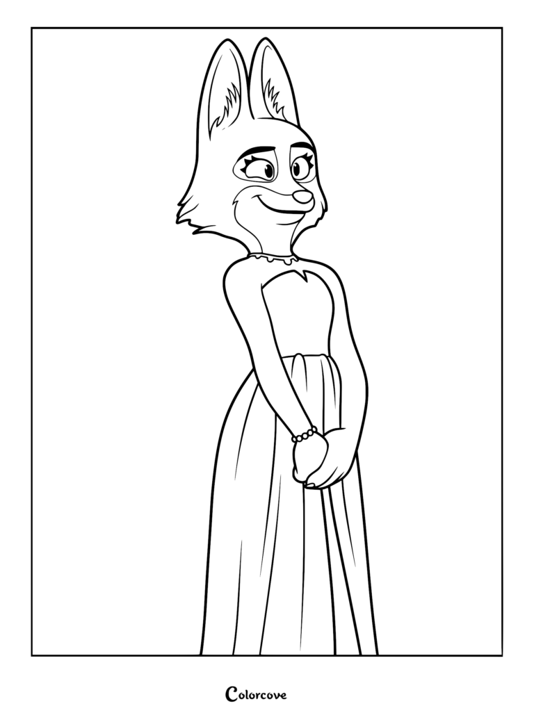Una página para colorear imprimible que muestra a Diane Foxington de pie con un vestido formal, un collar de perlas y una pulsera, mirando hacia un lado con una sonrisa segura.