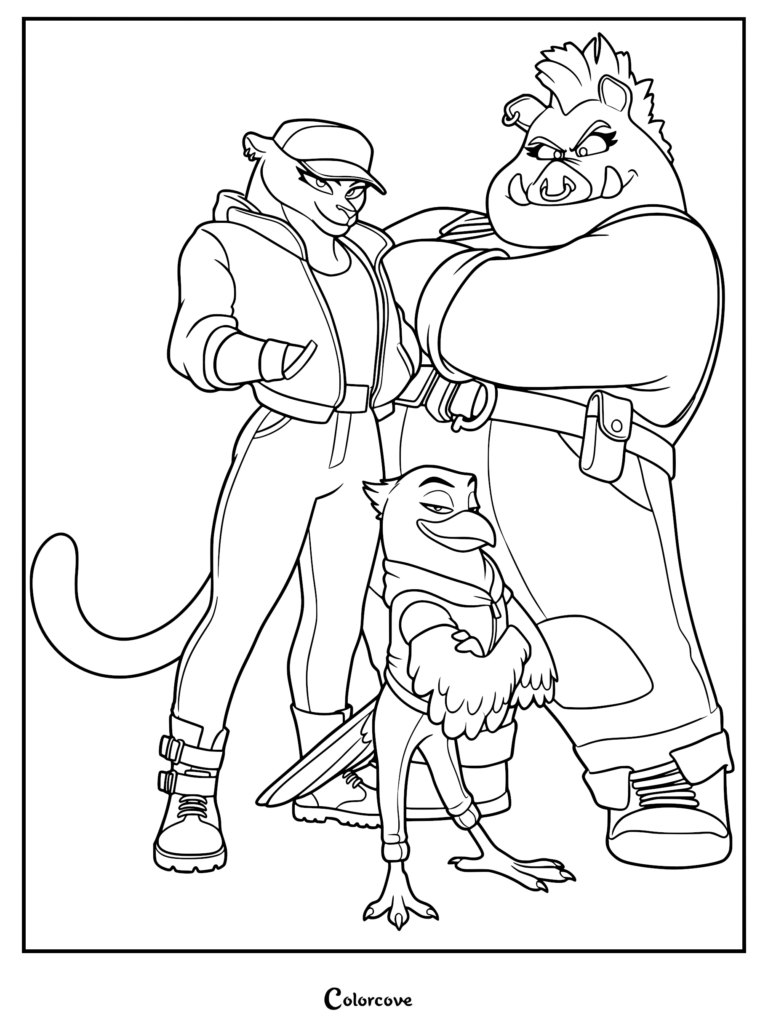 Una página para colorear imprimible que muestra a Kitty Kat, Pigtail Petrova y Doom de pie con una postura segura.