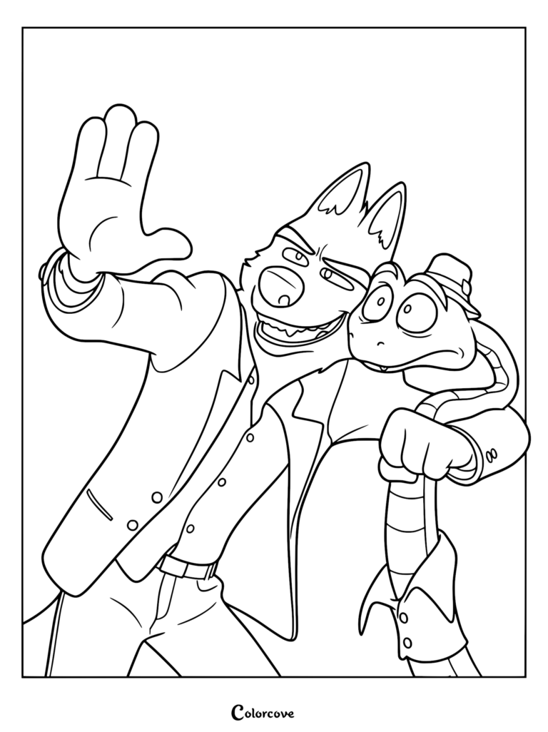 El Sr. Lobo levantando el brazo para tomarse una selfi mientras sonríe, con el Sr. Serpiente usando su característico sombrero enrollado alrededor de su hombro en esta página para colorear imprimible.