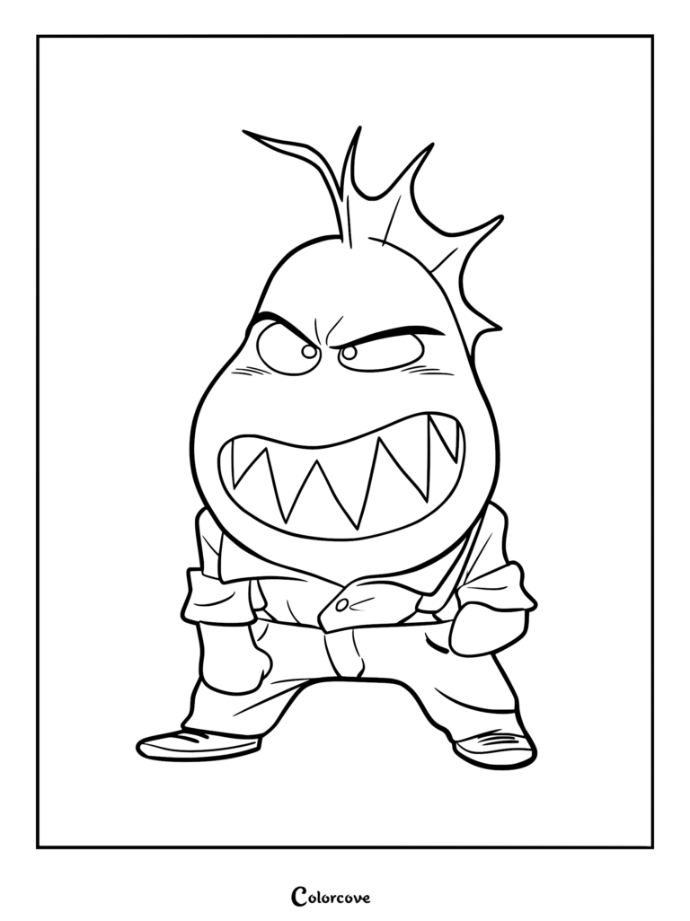 Sr. Piraña de Los Tipos Malos de pie con una expresión feroz y dientes afilados en esta página para colorear imprimible.
