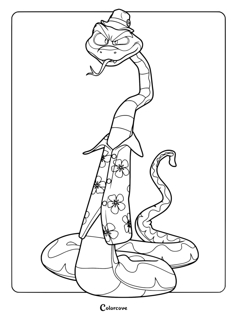 Sr. Serpiente de Los Tipos Malos con un sombrero fedora y una camisa hawaiana floral en esta página para colorear imprimible.