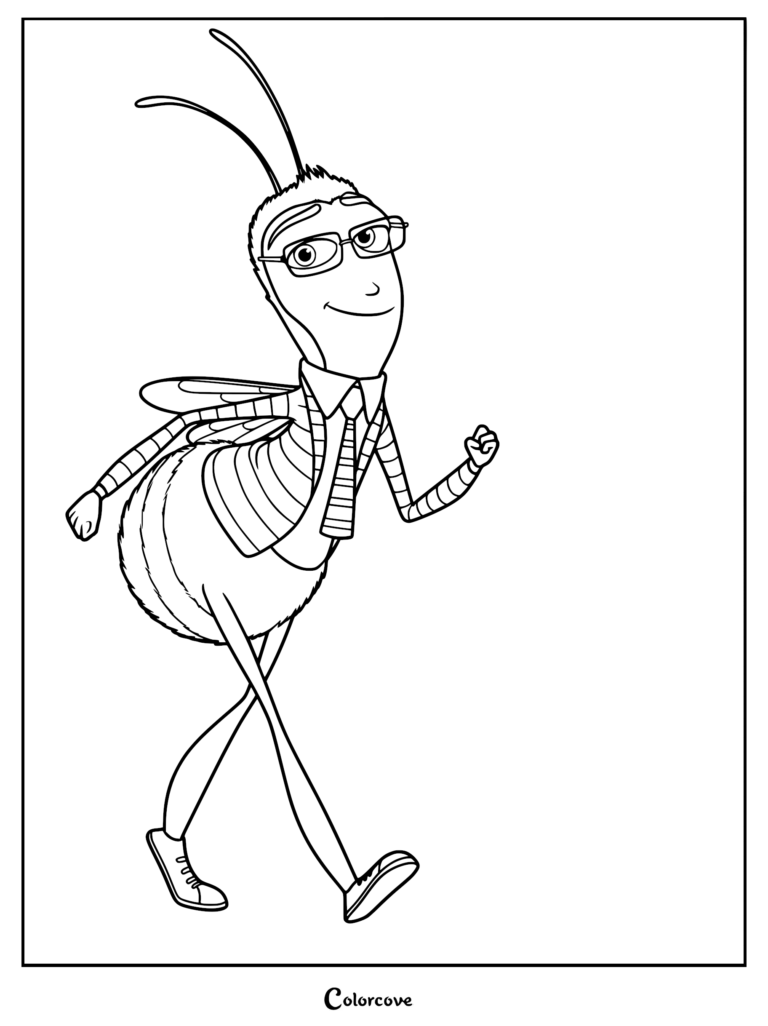 Adam Flayman from The Bee Movie wearing glasses, a shirt, and a tie in this printable coloring page.