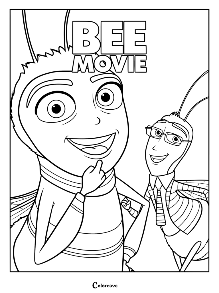 Barry B. Benson and Adam Flayman from Bee Movie in a poster style coloring page illustration.
