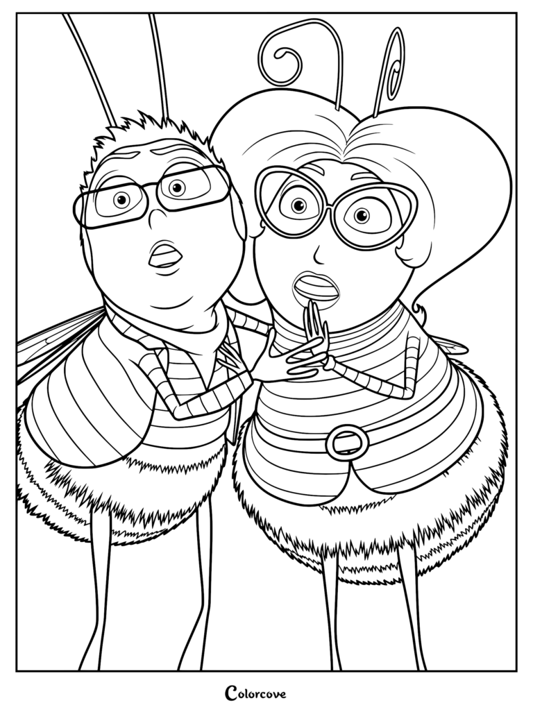 Martin and Janet Benson from The Bee Movie looking surprised in this printable coloring page.