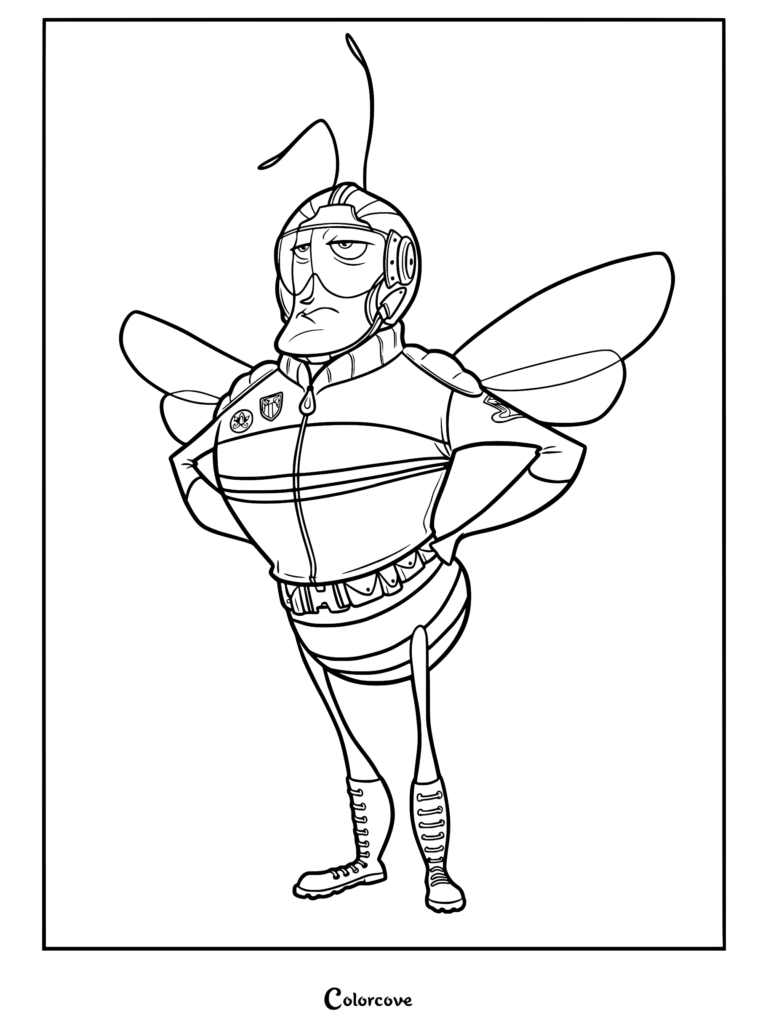 Pollen Jock from The Bee Movie wearing his flight helmet and uniform in this printable coloring page.