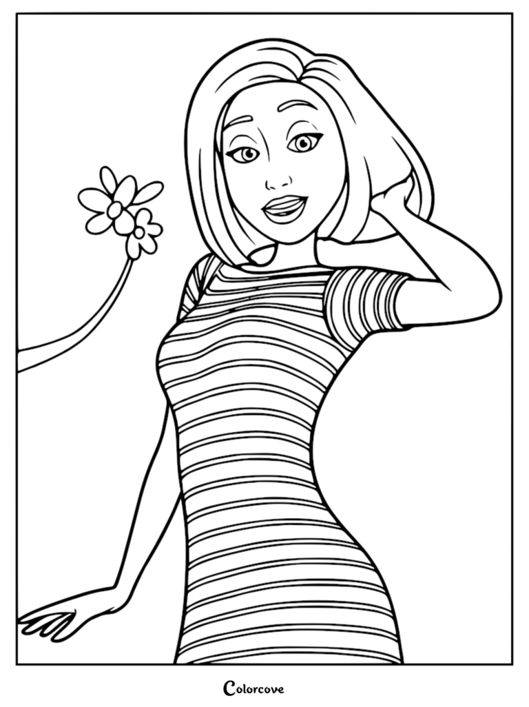Vanessa Bloome from The Bee Movie wearing a striped shirt, posing with her hand in her hair next to a flower in this printable coloring page.