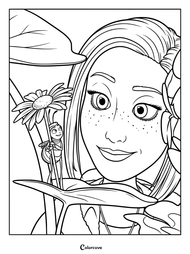 Barry the bee standing on a flower stem next to a close-up portrait of Vanessa Bloome in this printable coloring page.
