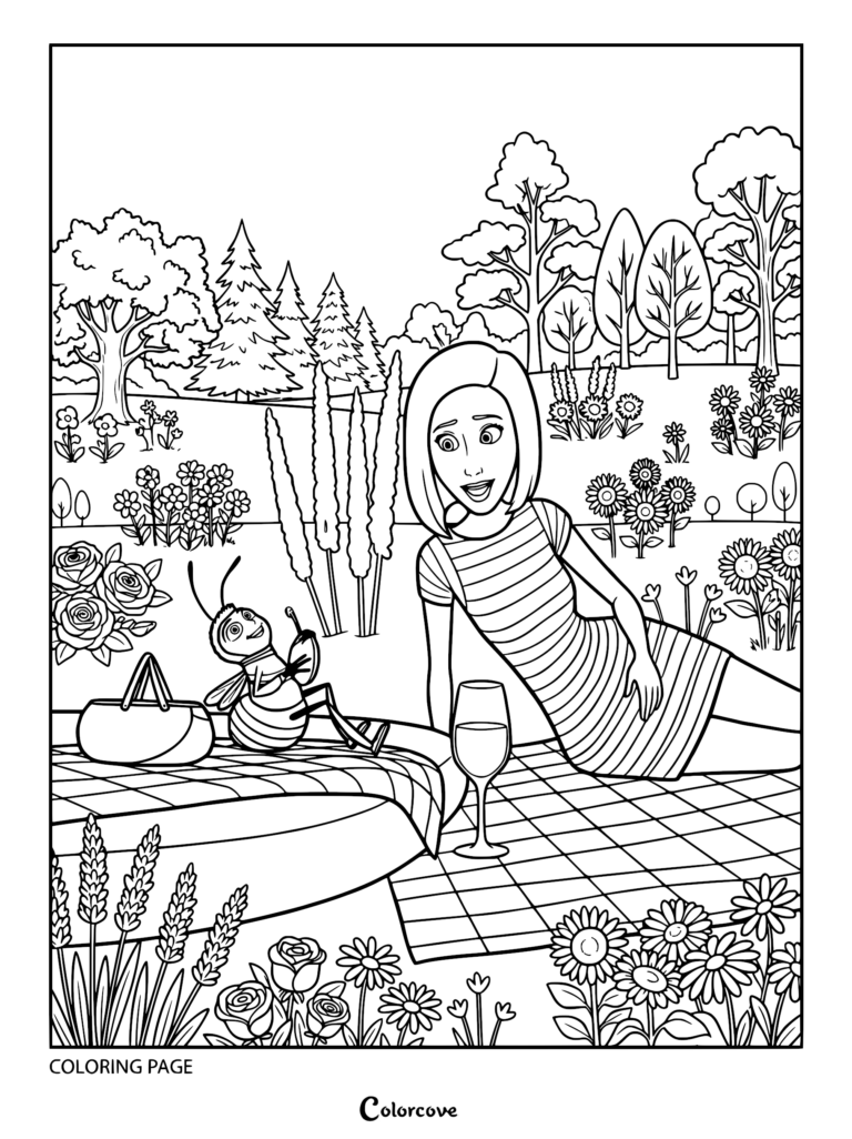 Barry and Vanessa Bloome having a picnic in a flower garden coloring page featuring a checkered blanket and wine glass.