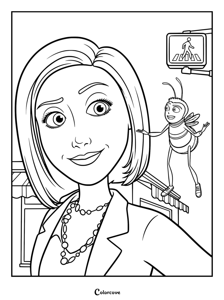 Barry the bee flying next to Vanessa Bloome in a city street scene coloring page.