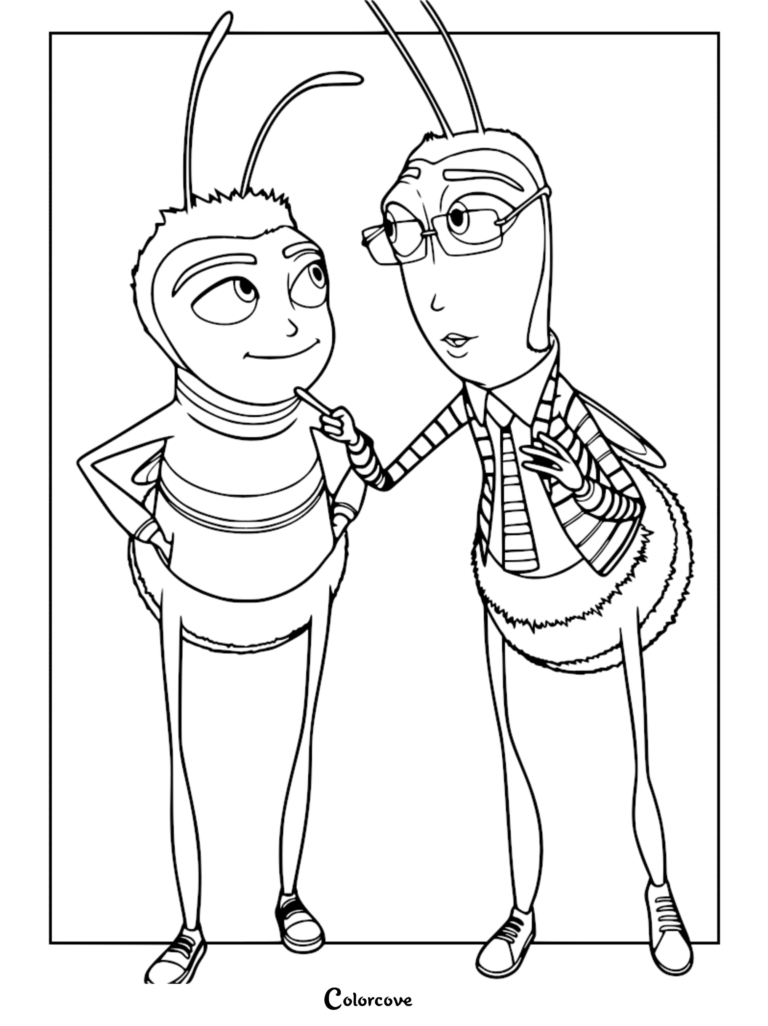 Barry B. Benson standing next to his best friend Adam Flayman who is wearing glasses in this Bee Movie coloring page.