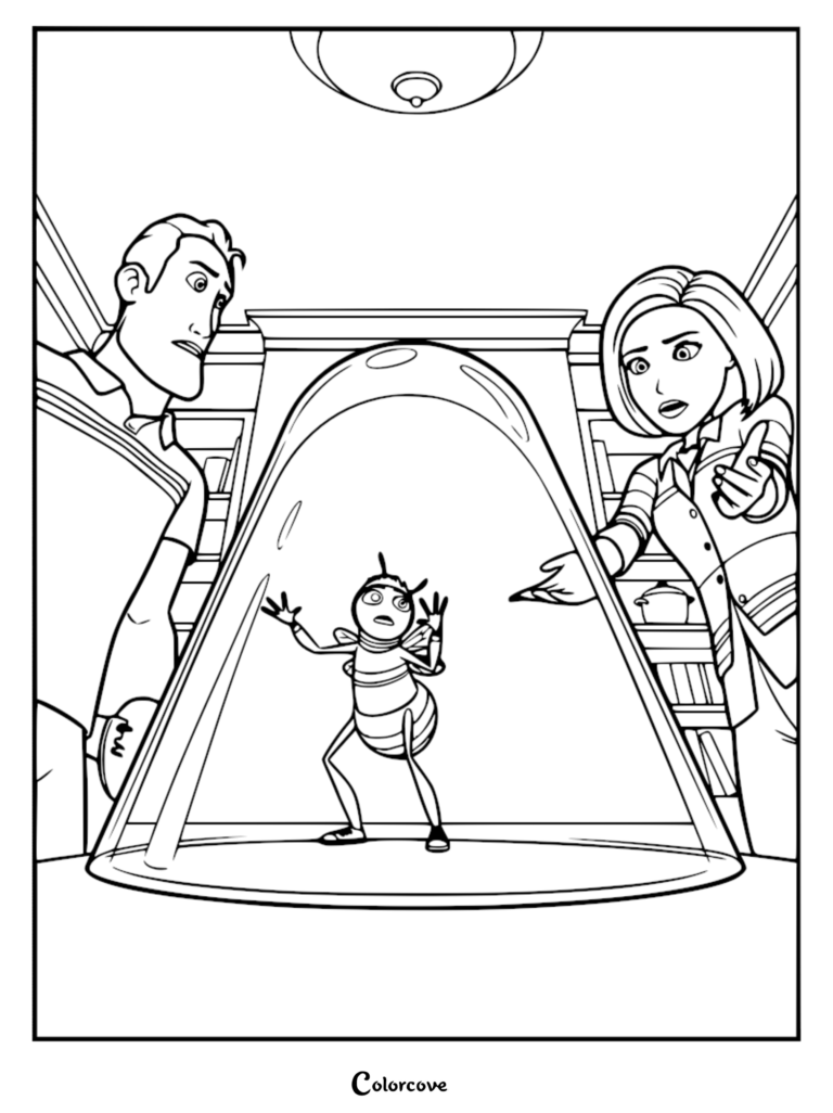 Barry the bee trapped under a glass dome while Vanessa Bloome and Ken look on in this printable coloring page.