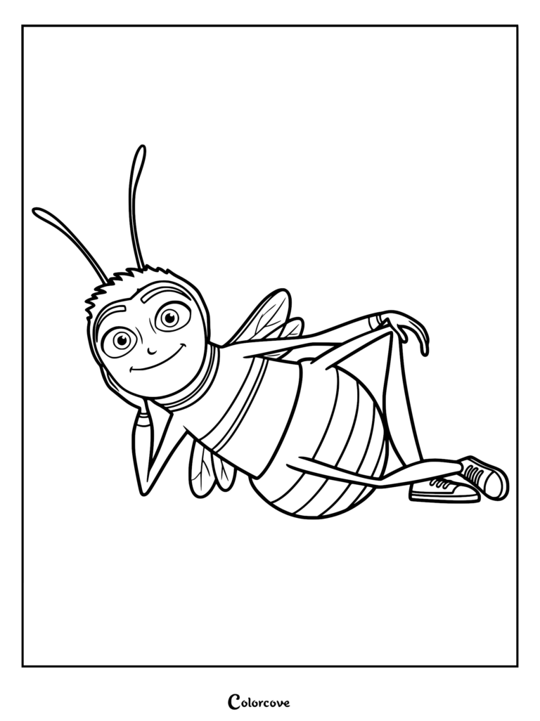 Barry B. Benson from The Bee Movie lying down in a relaxed pose, printable coloring page.
