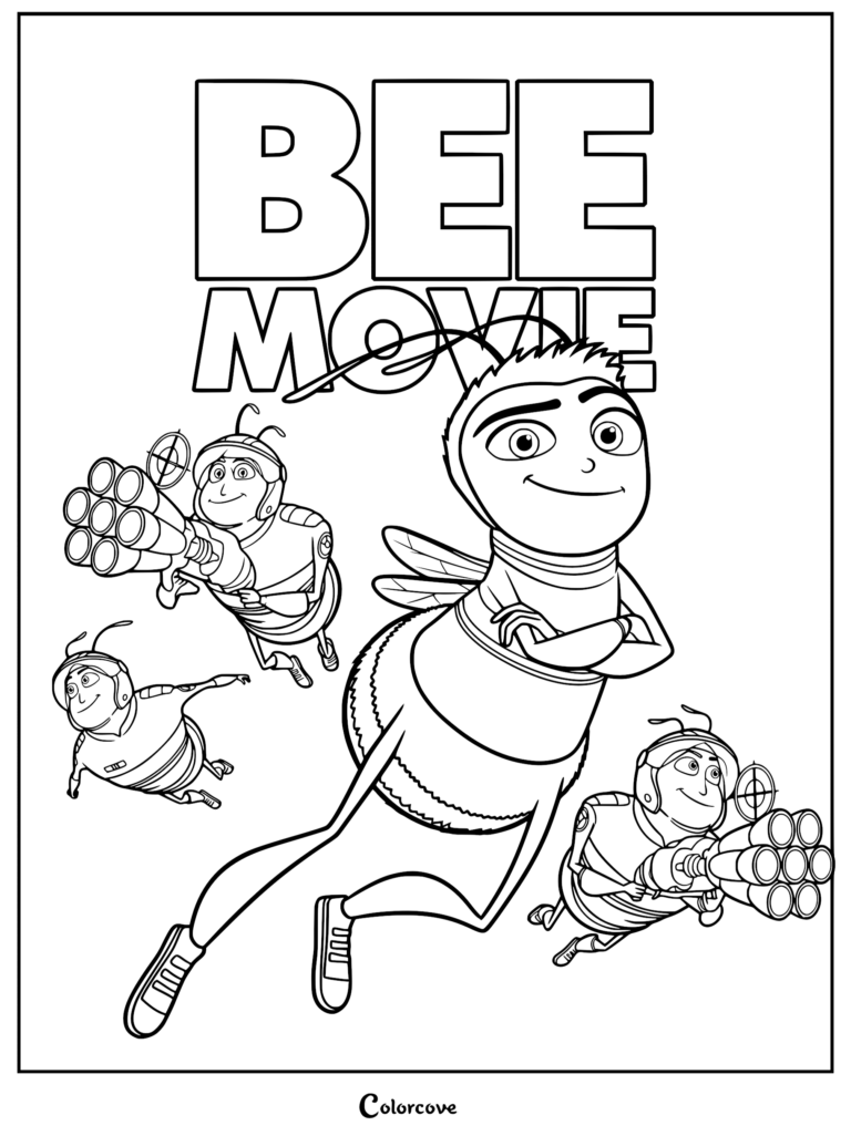 Barry B. Benson flying with Pollen Jocks in this Bee Movie poster coloring page.