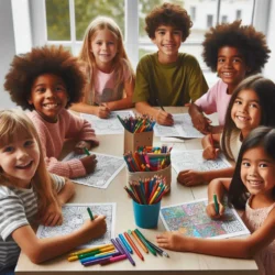 Children happily coloring intricate designs with colored pencils around a table, showcasing creativity and fun learning activities.