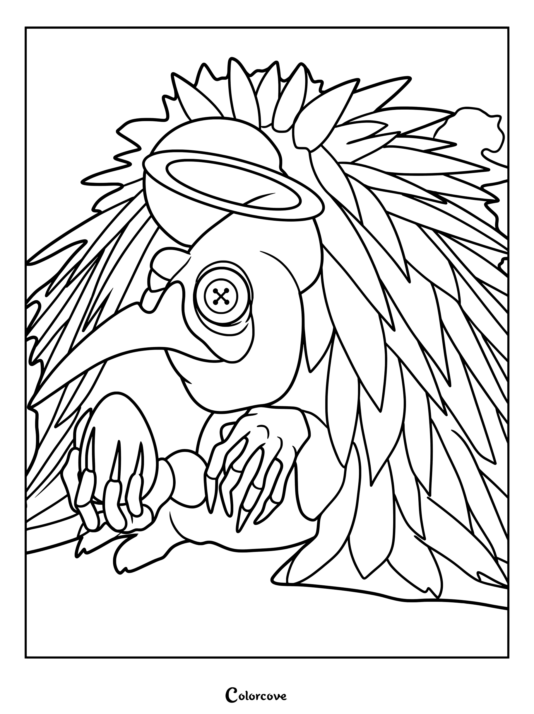 Angel Mother from The Gaslight District featuring a button eye, sharp beak, and halo, presented as a printable coloring page.