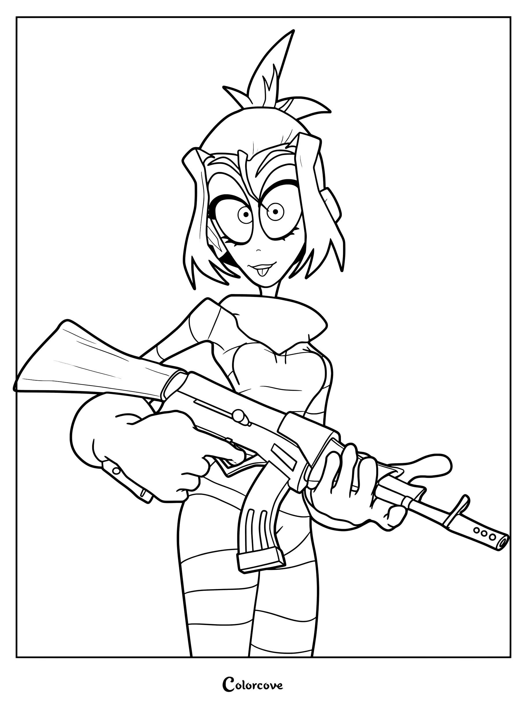 Mel from The Gaslight District holding a rifle in this detailed line art coloring page.