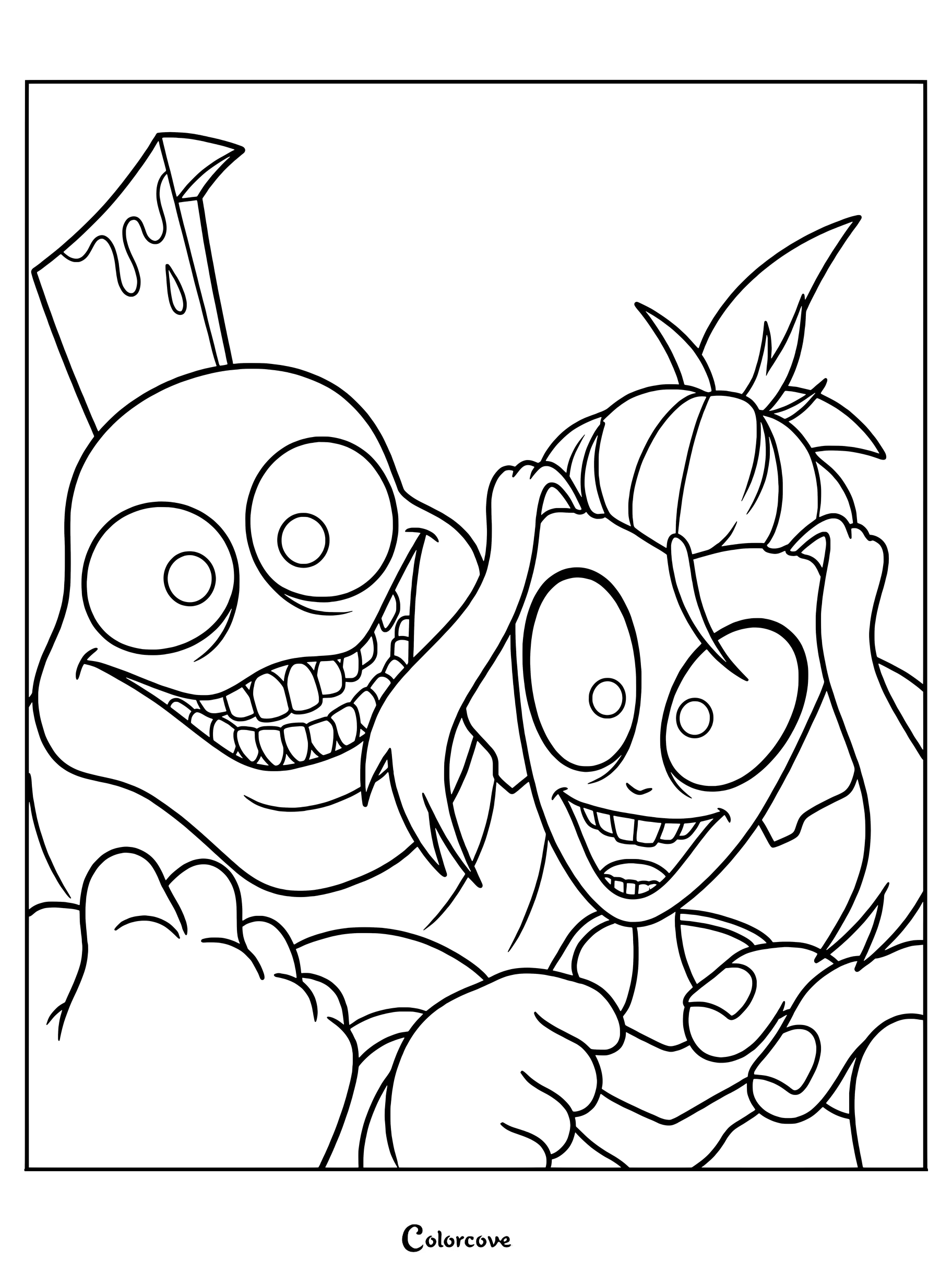 Melancholy and Ken from The Gaslight District in a line art coloring page, featuring Ken with a cleaver in his head and Melancholy smiling widely.