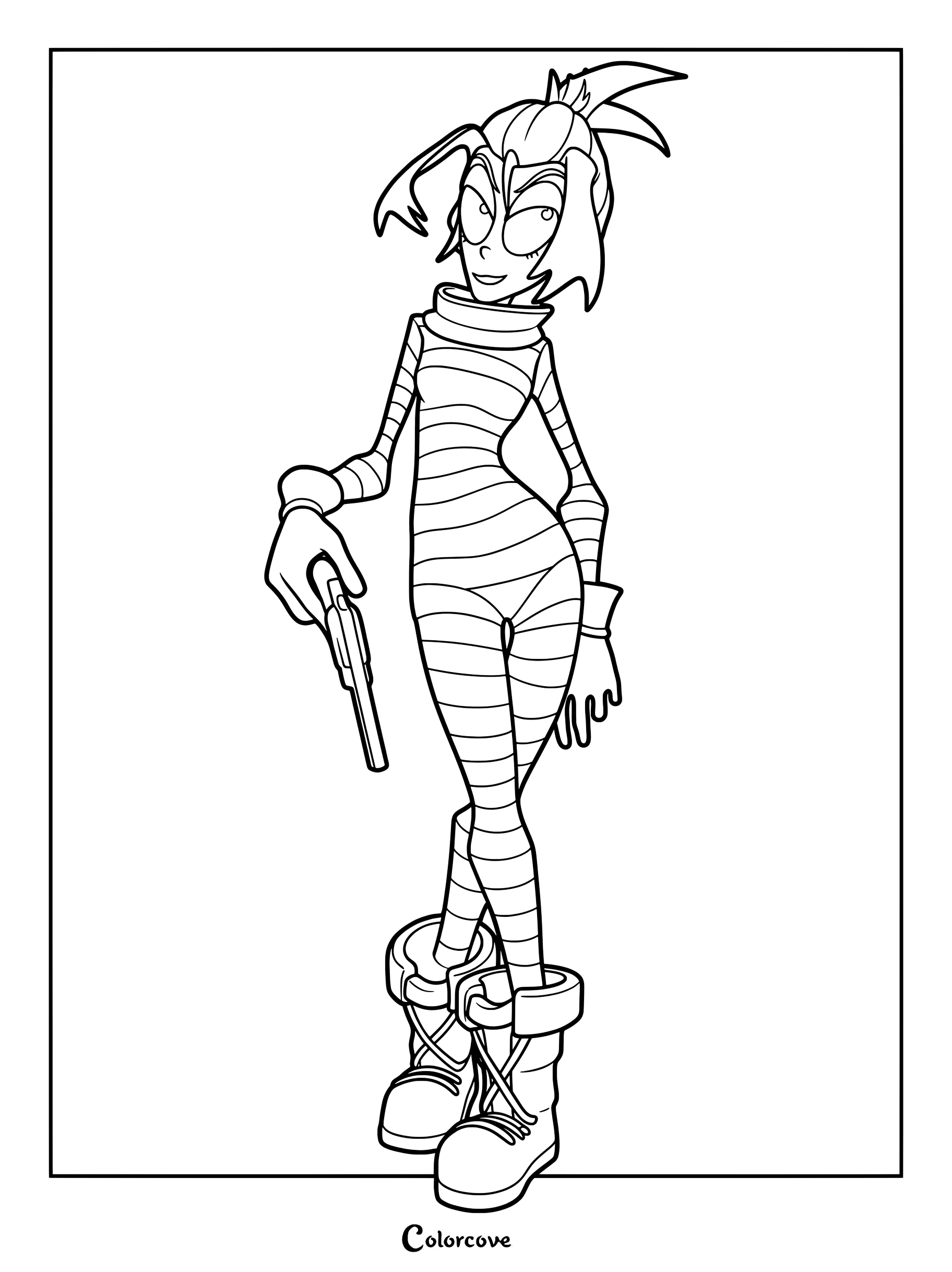 Melancholy Hill from The Gaslight District standing in a striped outfit holding a pistol in this detailed line art coloring page.
