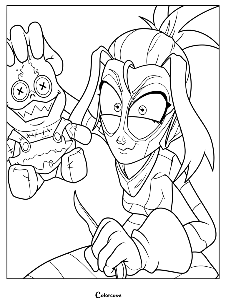 Melancholy from The Gaslight District holding a small Ken doll in this printable coloring page.