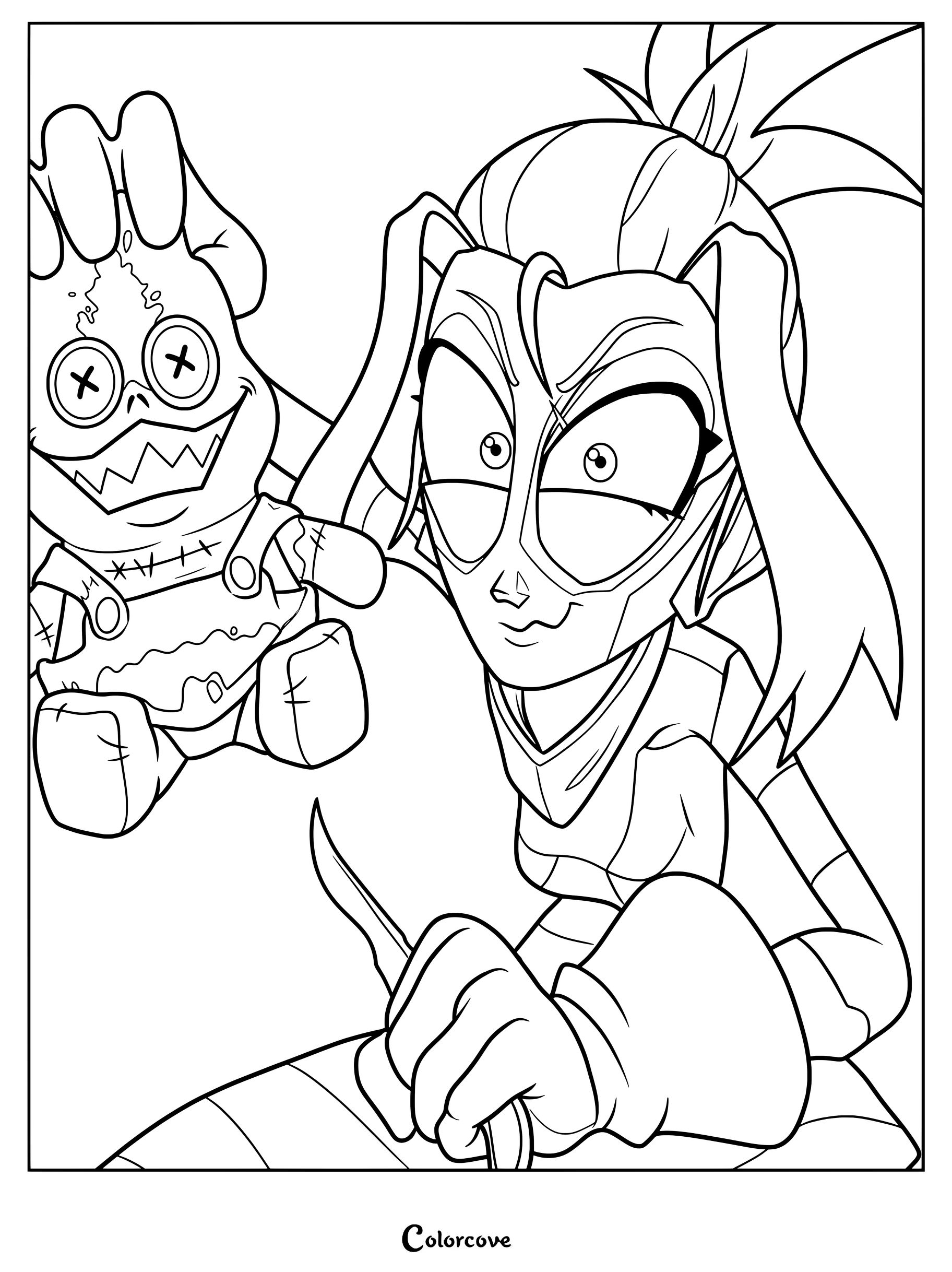 Melancholy from The Gaslight District holding a small Ken doll in this printable coloring page.