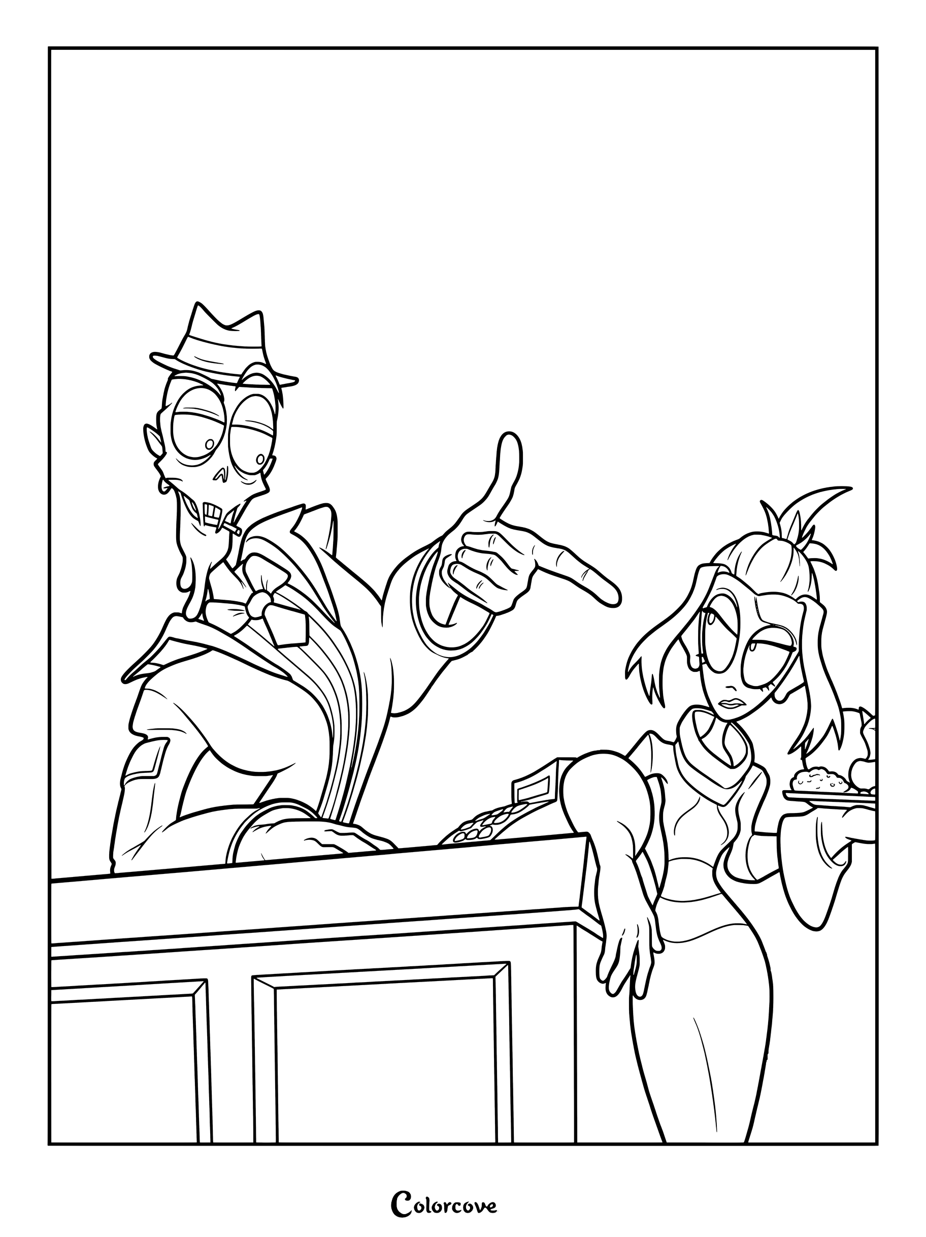 Mud wearing a fedora and suit pointing while Mel holds a plate in this printable coloring page from The Gaslight District.
