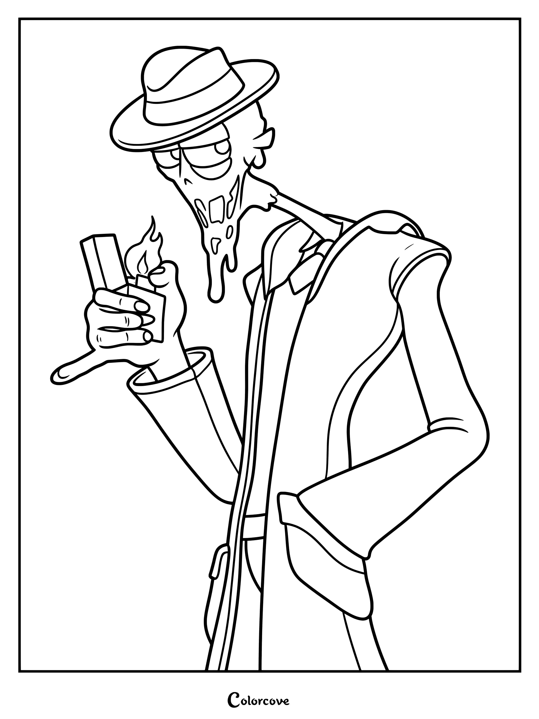 Mud from The Gaslight District wearing a fedora and trench coat while holding a lit lighter in this printable coloring page.