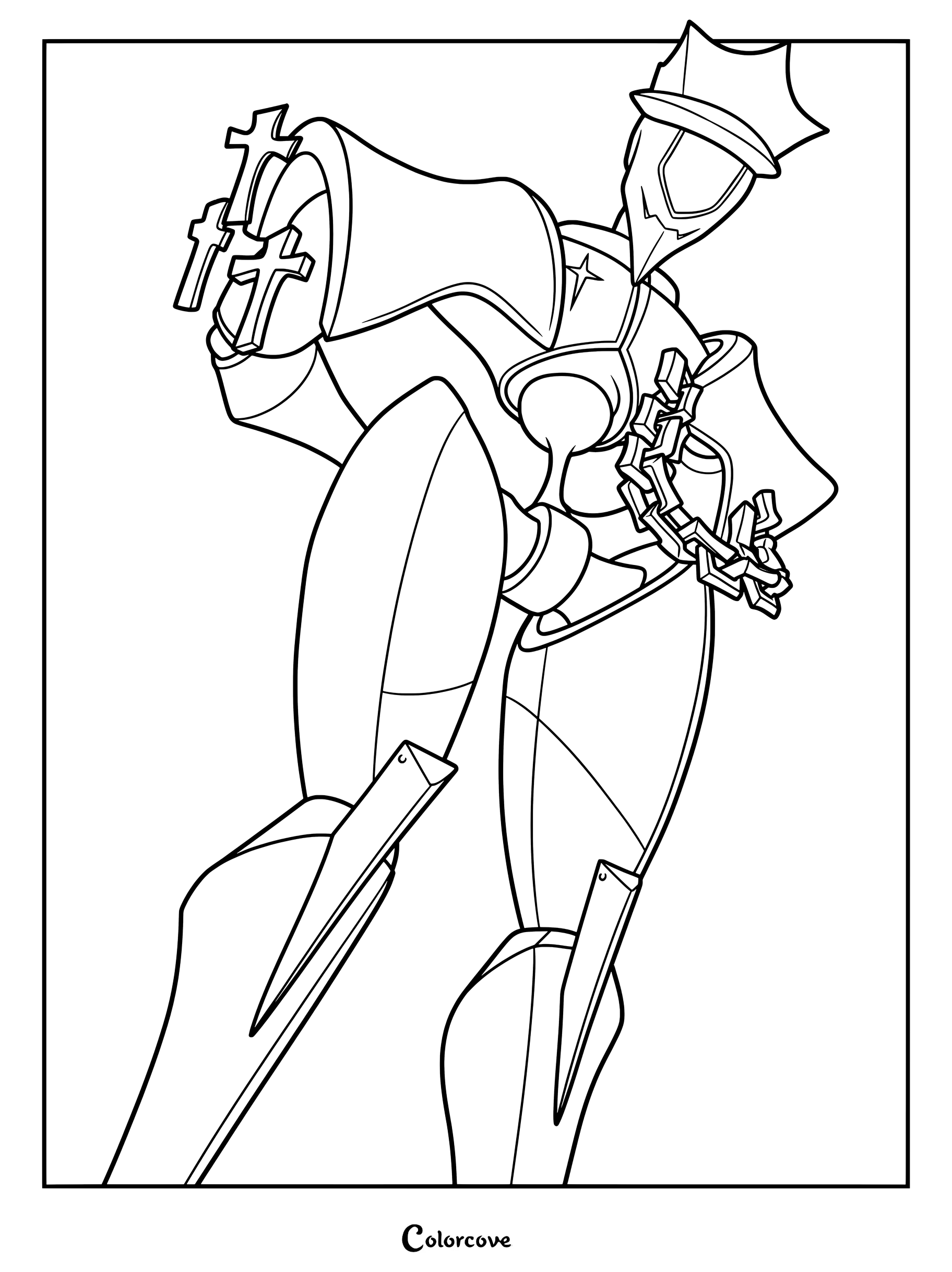 Diligence from The Gaslight District wearing a crown and holding crosses in a line art coloring page style.