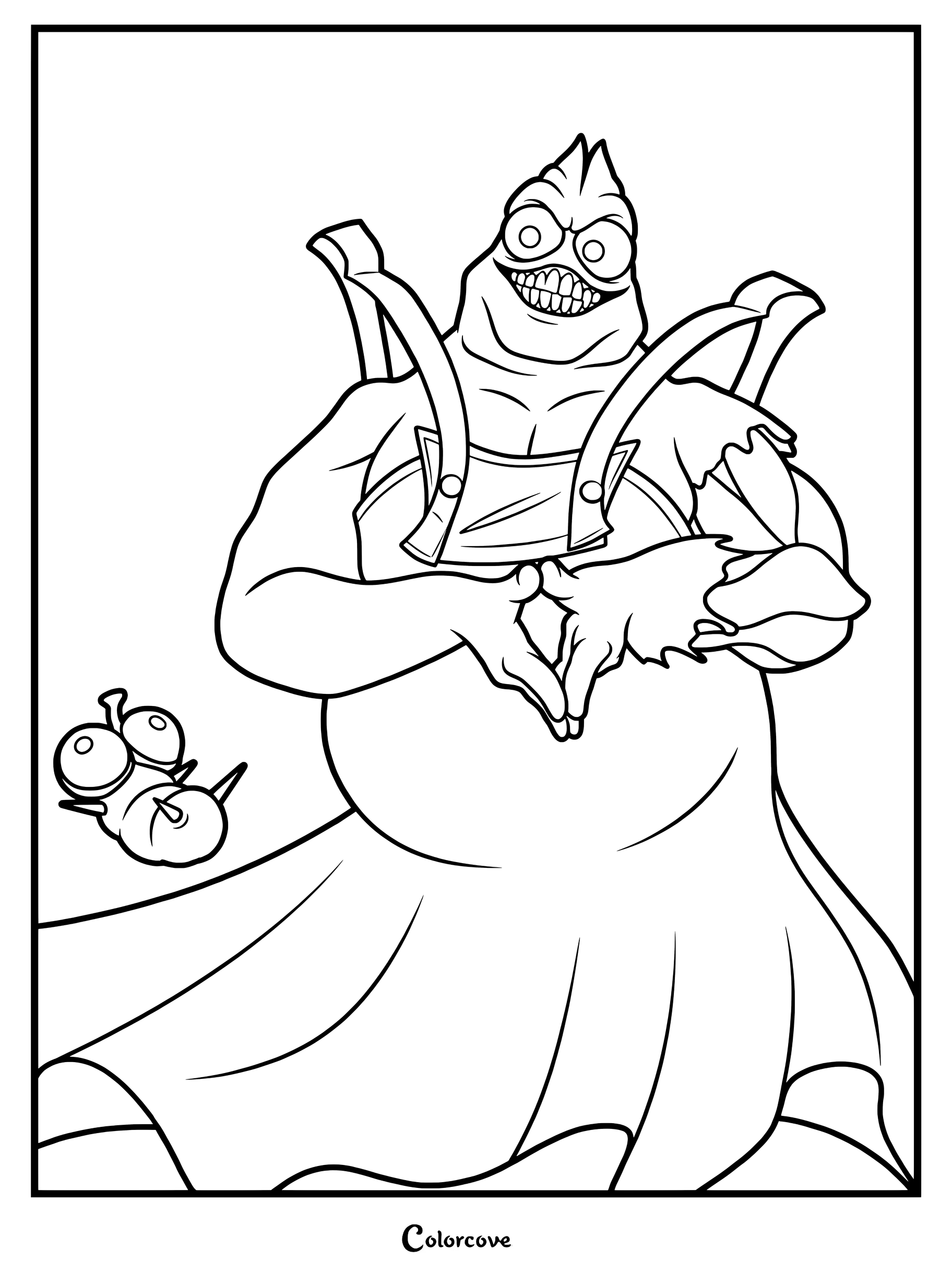 Ken the Butcher from The Gaslight District wearing an apron and making a hand gesture, printable coloring page.