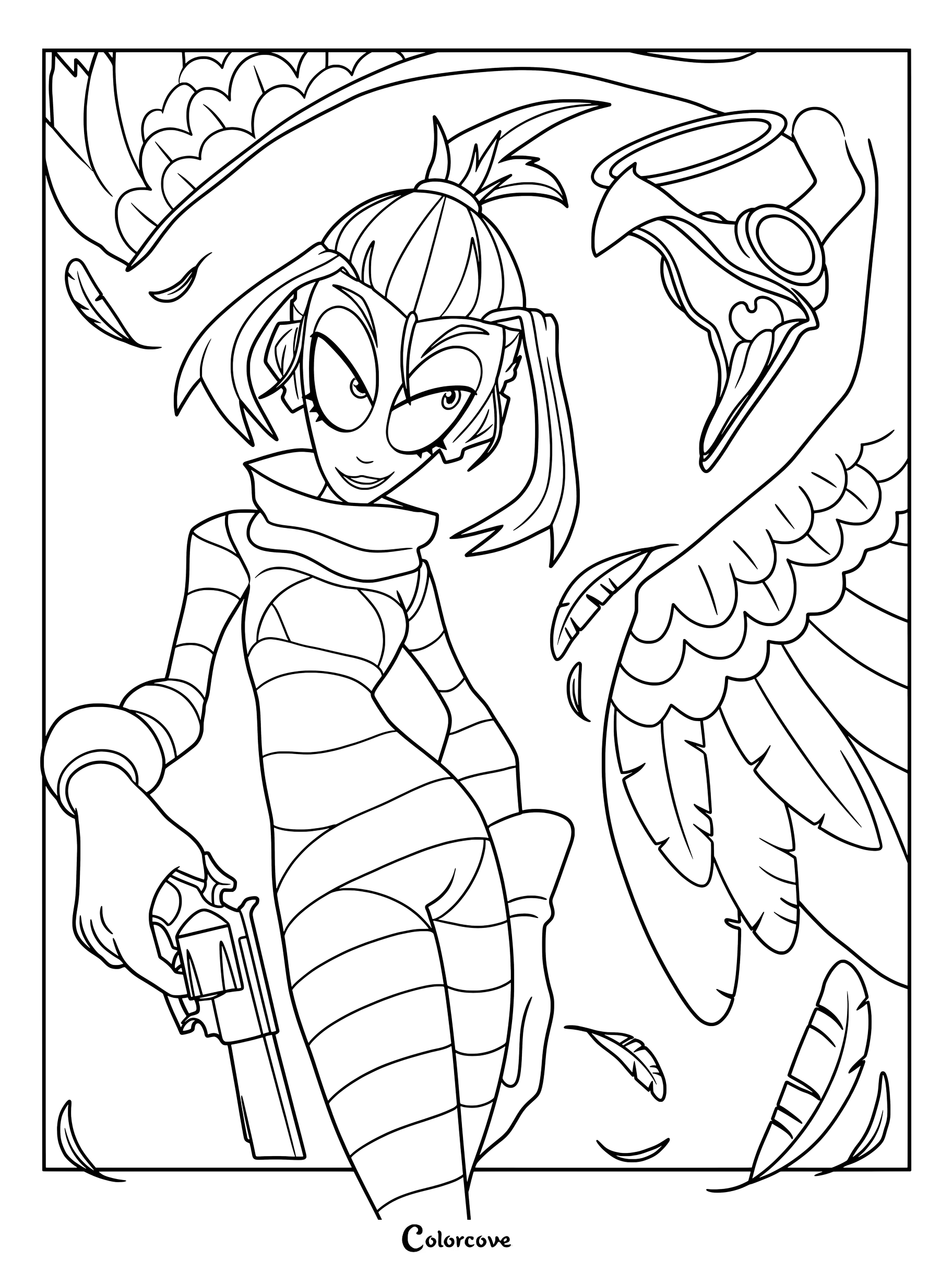 Mel holding a revolver with Angel Mother's wings and halo in the background of this Gaslight District coloring page.