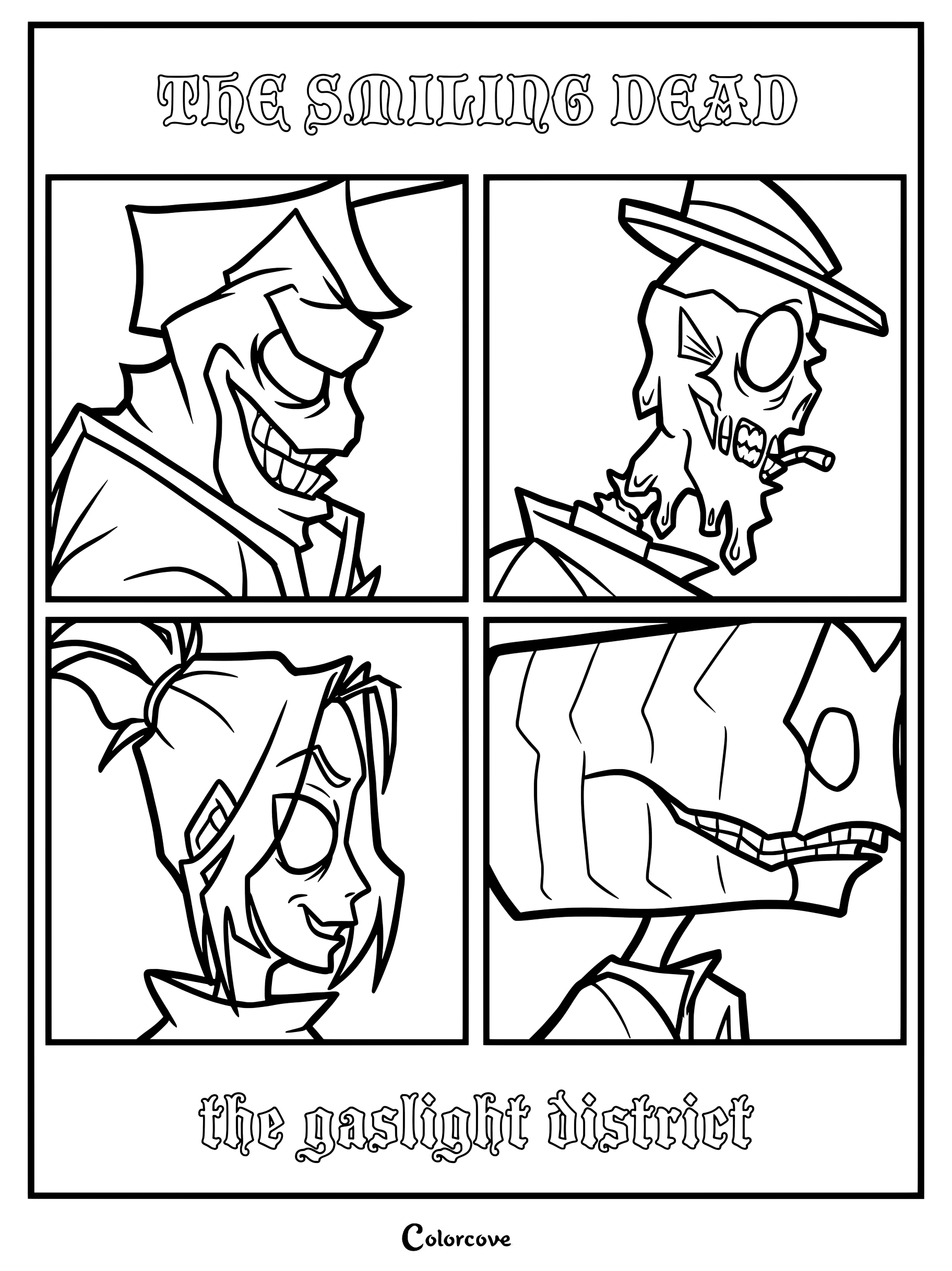 A printable coloring page featuring Mel, Ken, Mud, and Breadhead from The Gaslight District in a four-panel grid layout.