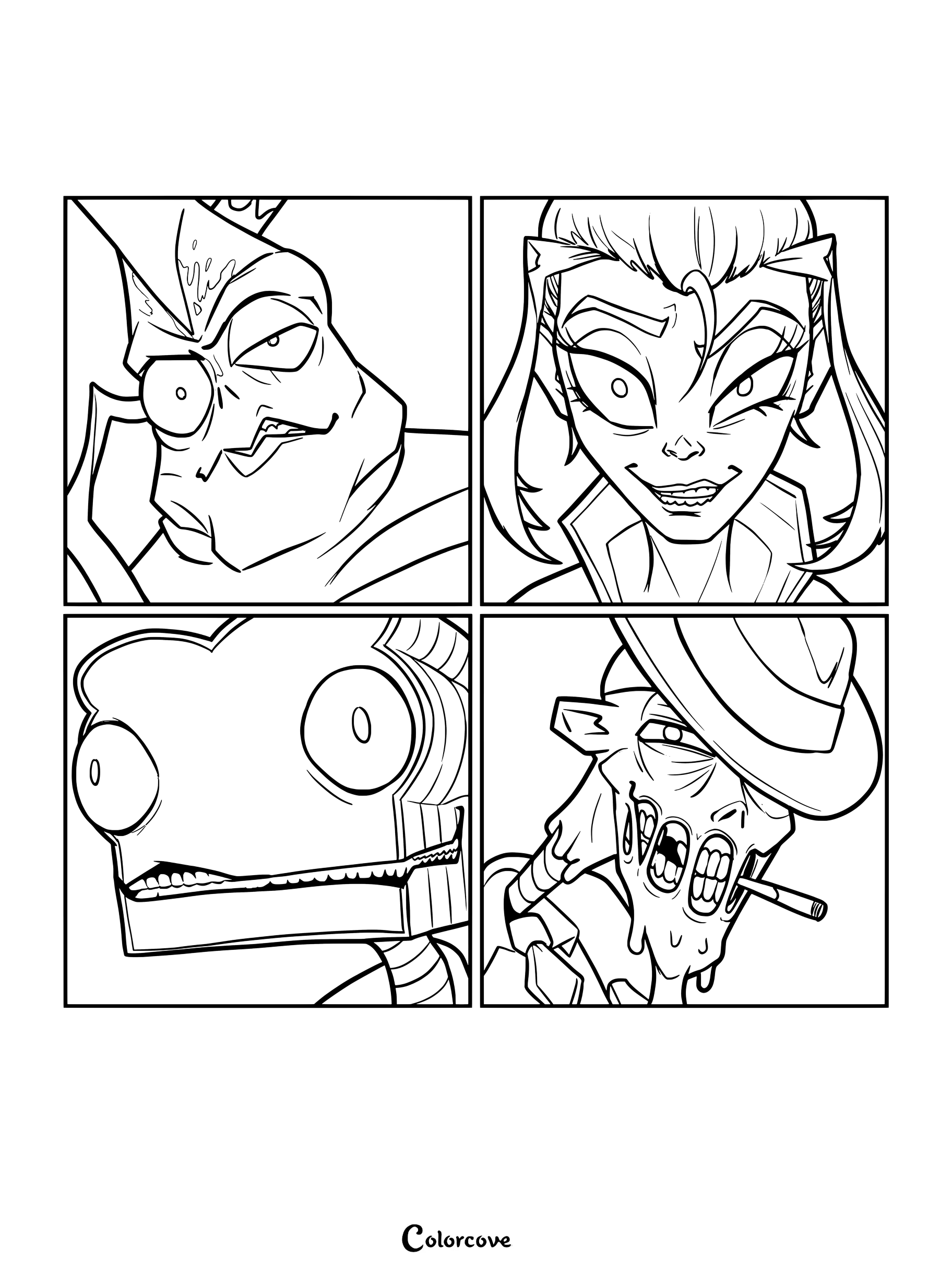 A four-panel coloring page featuring close-up portraits of Mel, Ken, Mud, and BreadHead from The Gaslight District.