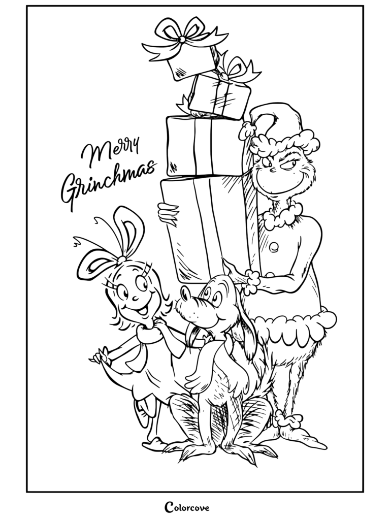 Dibujo para colorear de El Grinch y Max sosteniendo una pila de regalos con Cindy Lou Quién y el texto Feliz Grinchnavidad
