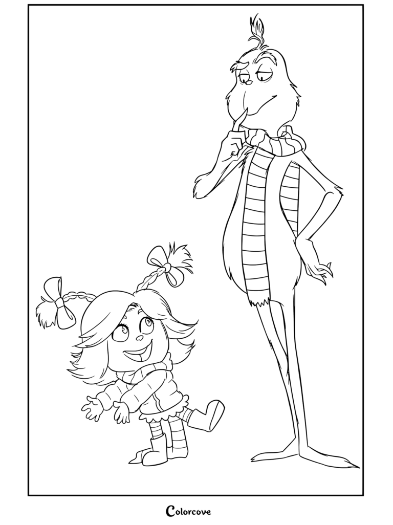 Dibujo para colorear de El Grinch con bufanda a rayas de pie junto a Cindy Lou Quién mirando hacia arriba con alegría