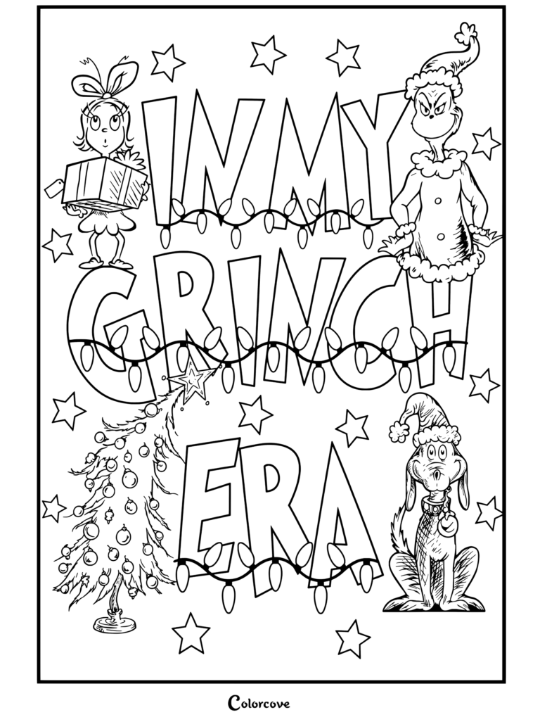Dibujo para colorear gratis con diseño tipográfico «in my grinch era» con El Grinch, Cindy Lou Quién, Max el perro y un árbol de Navidad decorado.