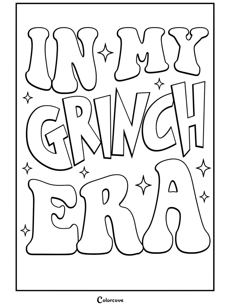 Dibujo para colorear festivo con tipografía «in my grinch era», letras de estilo retro y estrellas brillantes.