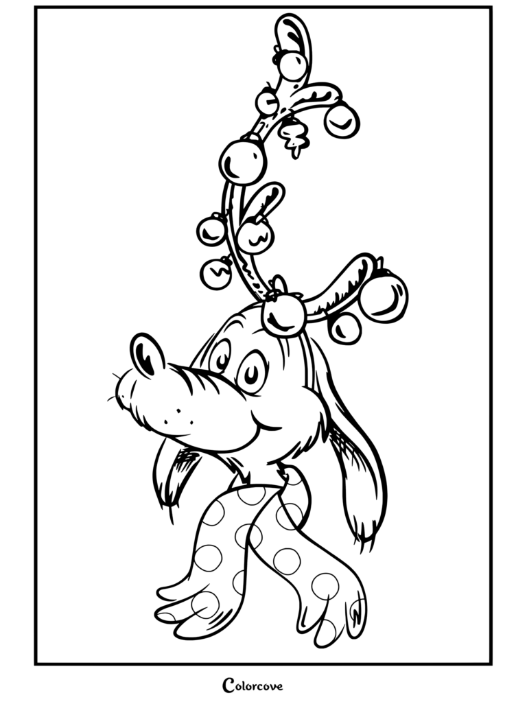 Dibujo para colorear de Max el perro de El Grinch con un cuerno decorado con adornos y una bufanda de lunares.
