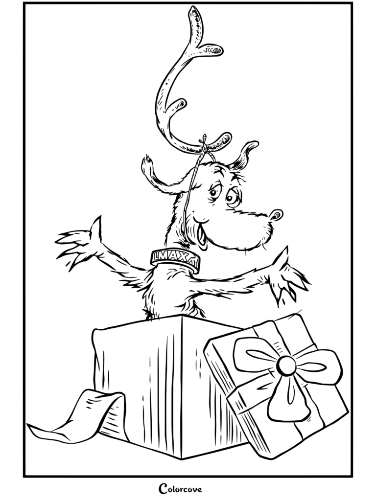 Dibujo para colorear de Max el perro saliendo de una caja de regalo con un único cuerno atado a la cabeza, de El Grinch.