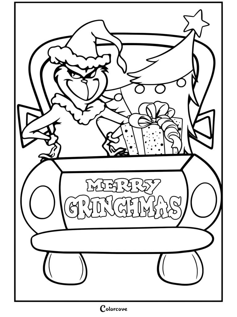 Dibujo para colorear terminado de El Grinch conduciendo una camioneta roja con un árbol de Navidad, regalos y el texto Feliz Grinchnavidad