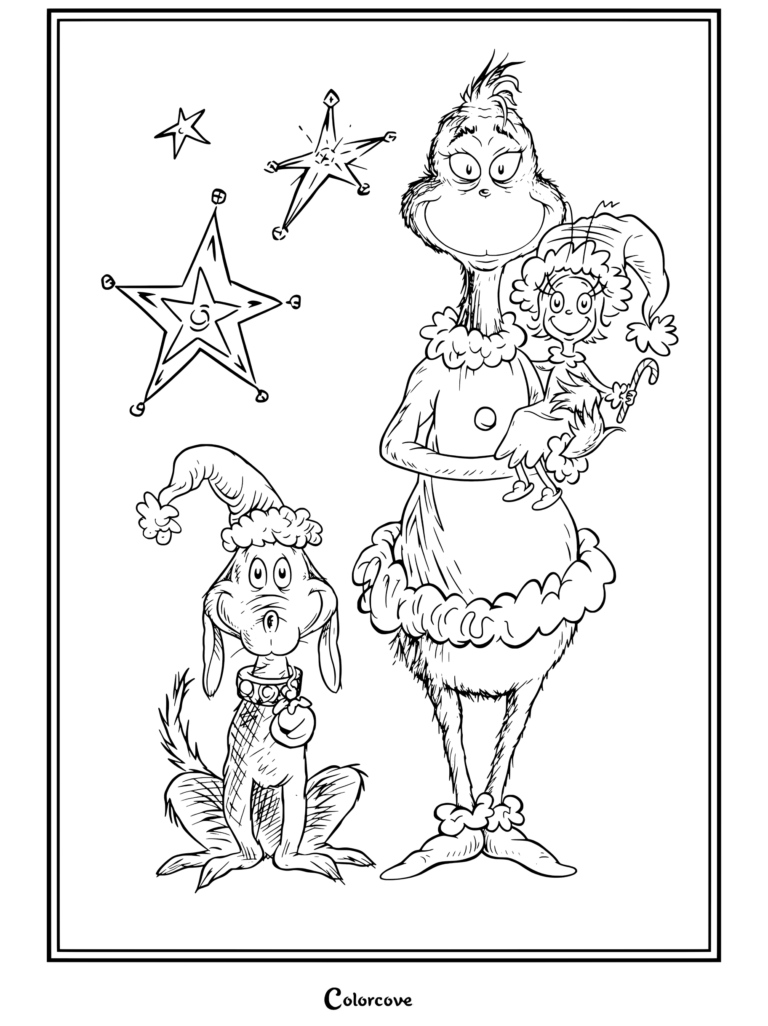 Dibujo para colorear terminado de El Grinch sosteniendo a Cindy Lou Quién con Max el perro y estrellas navideñas sobre un fondo rosa