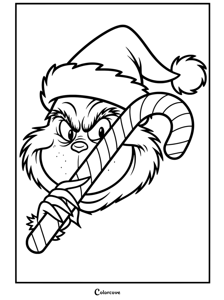 Dibujo para colorear imprimible de El Grinch con gorro de Papá Noel y sosteniendo un bastón de caramelo a rayas con expresión gruñona.