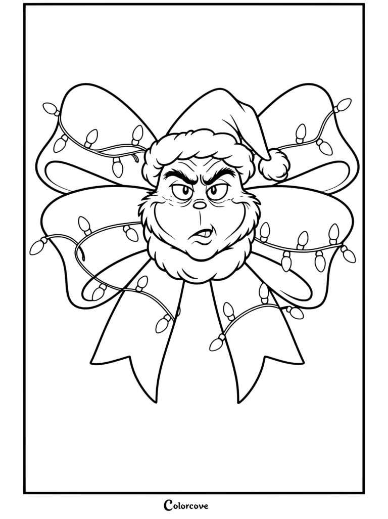 Dibujo para colorear imprimible del rostro de El Grinch con gorro de Papá Noel rodeado por un lazo navideño y luces decorativas.