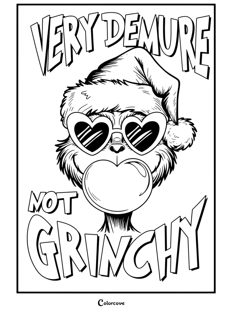 Dibujo para colorear terminado de El Grinch con gorro rosa de Papá Noel y gafas de corazón haciendo una pompa de chicle con el texto «very demure not grinchy»