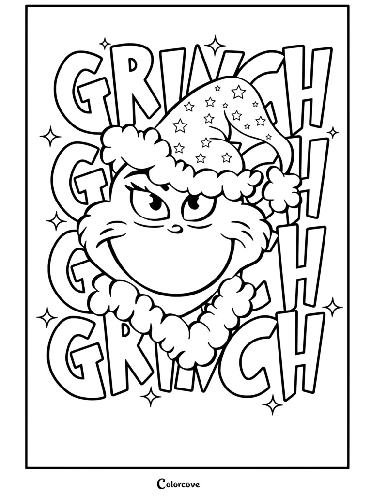 Dibujo para colorear de El Grinch con gorro rosa de Papá Noel y estrellas rodeado de letras rosas
