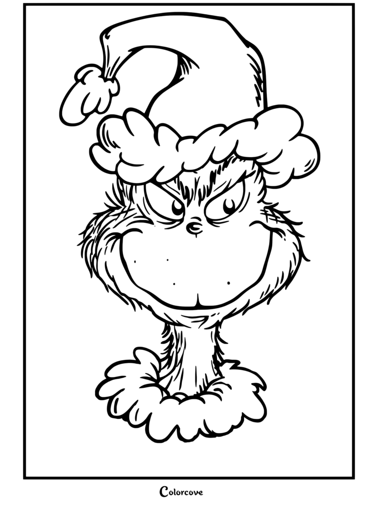 Dibujo para colorear gratis de El Grinch con gorro de Papá Noel y cuello de pelo con una sonrisa pícara
