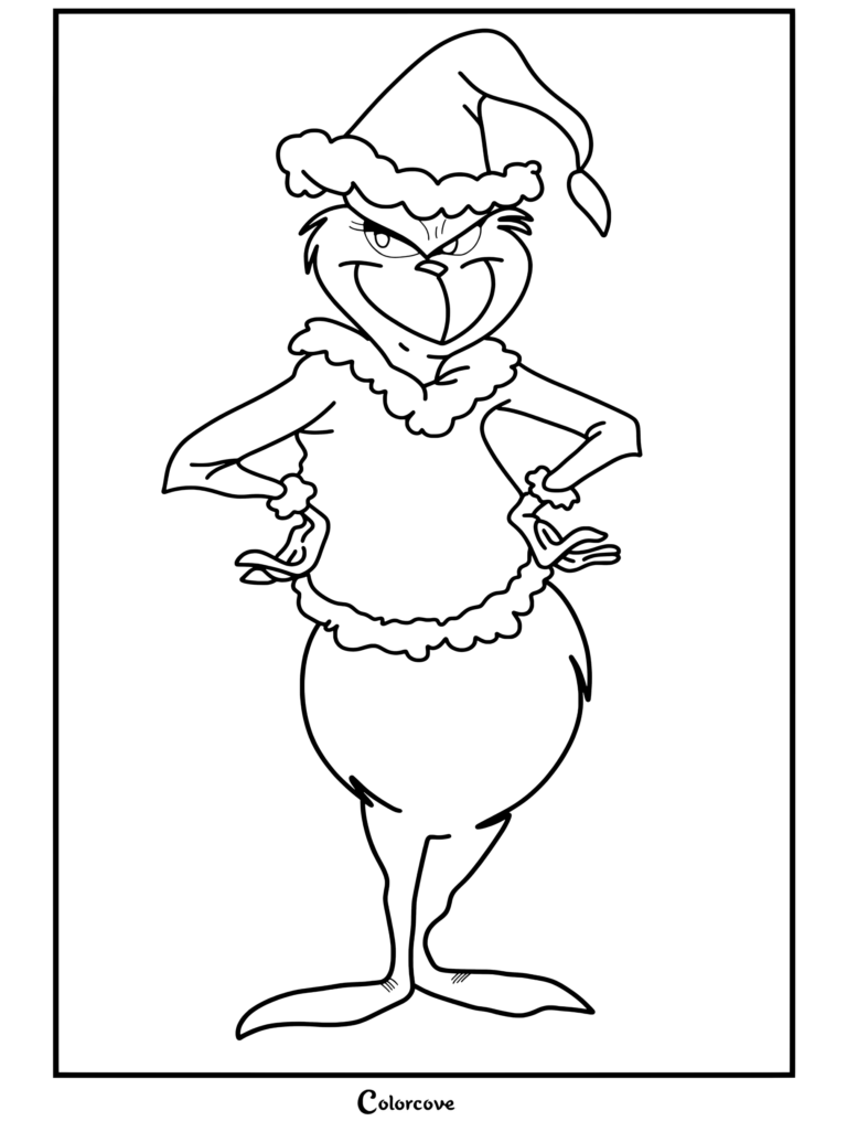 Dibujo para colorear de El Grinch con traje de Papá Noel, expresión pícara y satisfecha, y las manos en las caderas