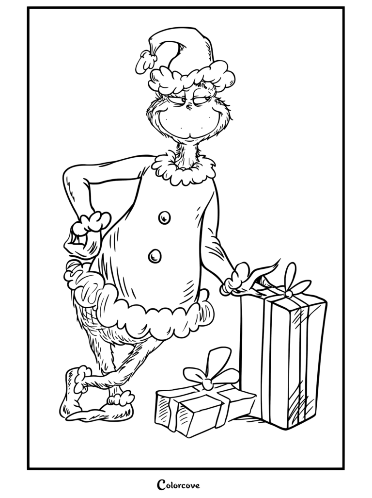Dibujo para colorear terminado de El Grinch con traje y gorro de Papá Noel sonriendo con desdén mientras se apoya en regalos de Navidad azules y amarillos